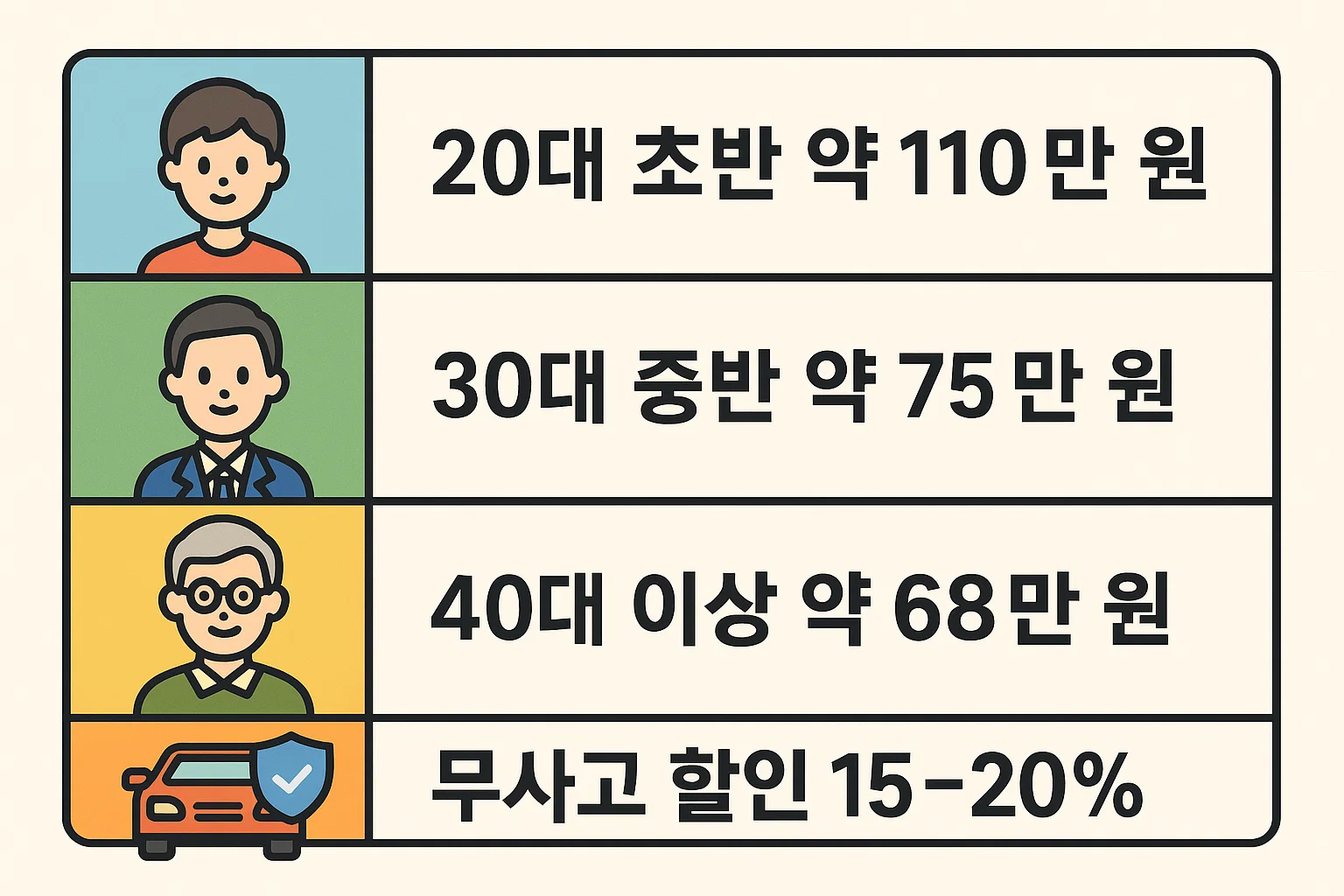 20대, 30대, 40대 이상 운전자의 평균 자동차 종합보험료와 무사고 할인율을 한눈에 정리한 인포그래픽. 연령대별 보험료 차이와 절약 요소를 명확히 보여줌.