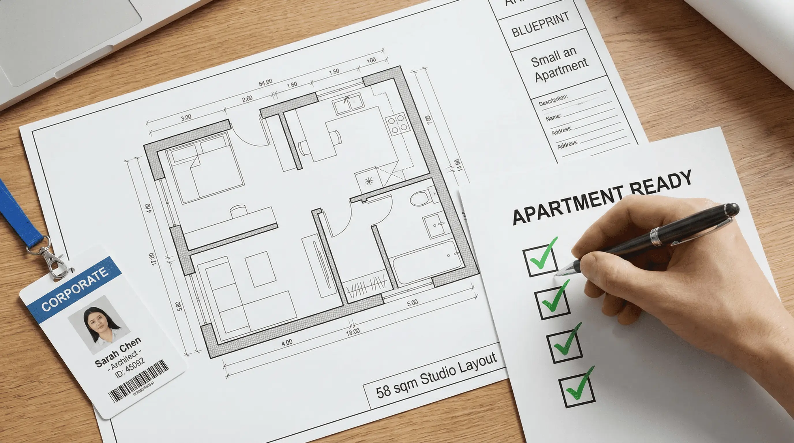 전용면적 60제곱미터 이하의 소형 아파트 도면과 직원 거주 요건을 체크하는 모습