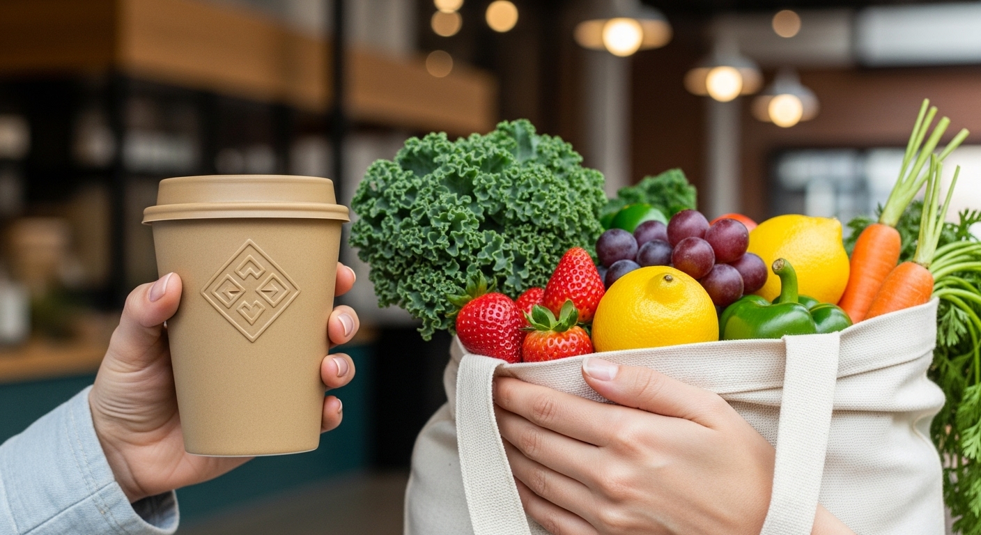 재사용 컵과 장바구니를 들고 있는 모습으로, 제로 웨이스트 소비를 보여줍니다.
