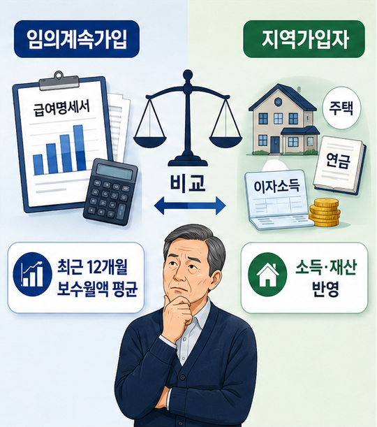 건강보험 임의계속가입과 지역가입자 보험료 산정 기준 차이