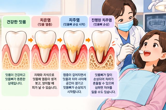 건강한 잇몸부터 치은염, 치주염, 잇몸뼈 손상까지의 변화를 단계별로 보여주는 만화 일러스트