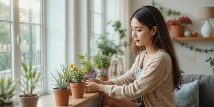 소파에 쿠션과 화분을 배치해 소소한 집 꾸미기 하는 모습