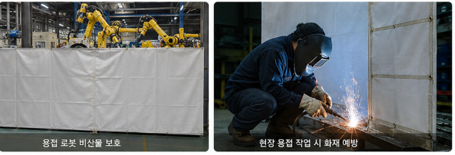 현장에서 용접을 하고있고, 블티비산을 방지하려고. 방화포로 막아놓았음