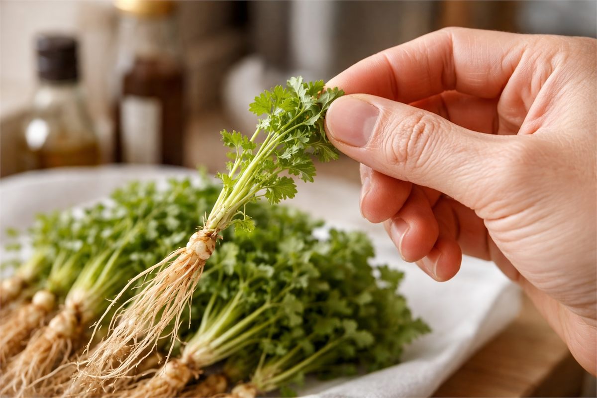 잎의 탄력을 손으로 확인하는 냉이 신선도 체크 장면 