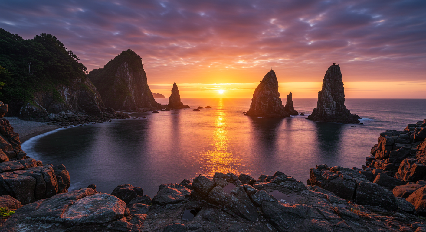 동해 추암 촛대바위 사이로 떠오르는 환상적인 일출 풍경