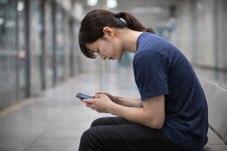 스마트폰을 고개 숙이고 사용하는 여성의 거북목 자세
