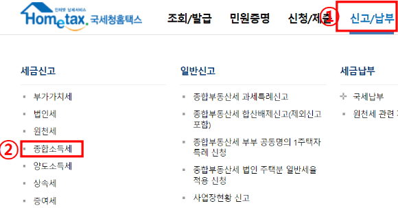 신고/ 납부 → 종합소득세 클릭