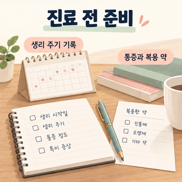 생리 주기와 통증 및 복용 약을 기록하는 진료 준비물