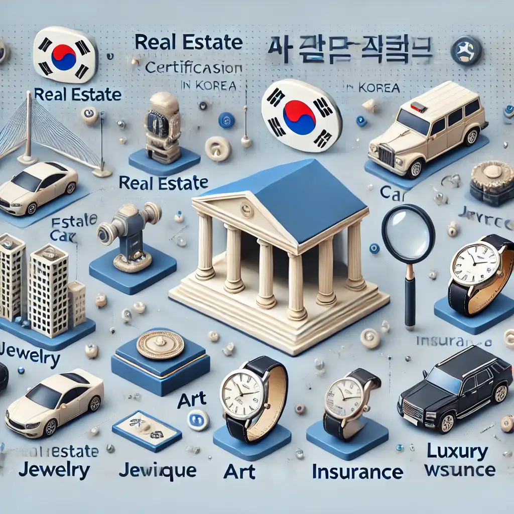 부동산, 차량, 보석, 미술품, 보험, 명품 시계 등 다양한 감정사 자격증 분야를 3D 아이콘으로 표현한 인포그래픽 배너 이미지