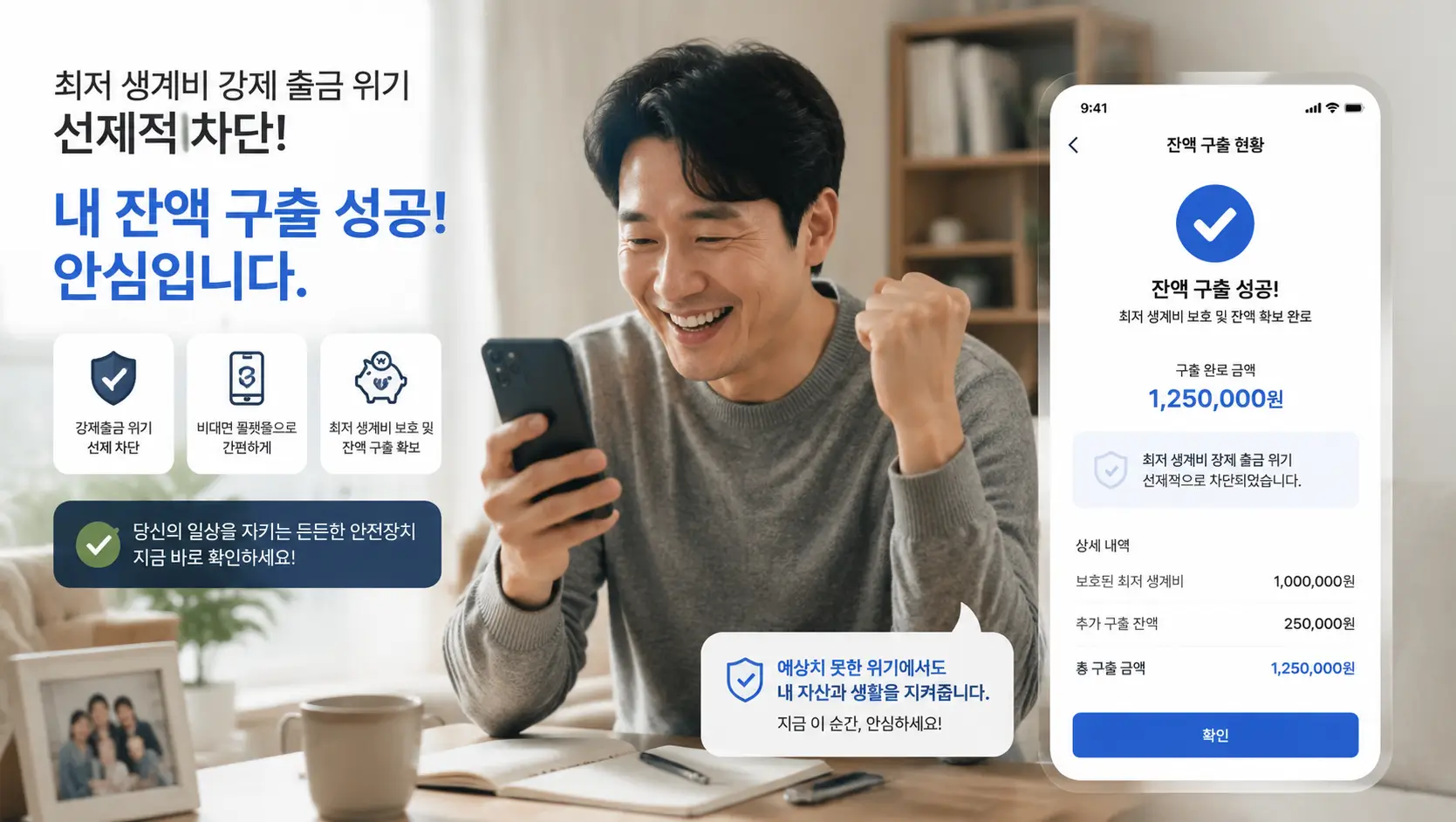 최저 생계비 강제 출금 위기를 선제적으로 차단하고 비대면 플랫폼으로 잔액 구출을 확보하여 안도하는 가장의 모습