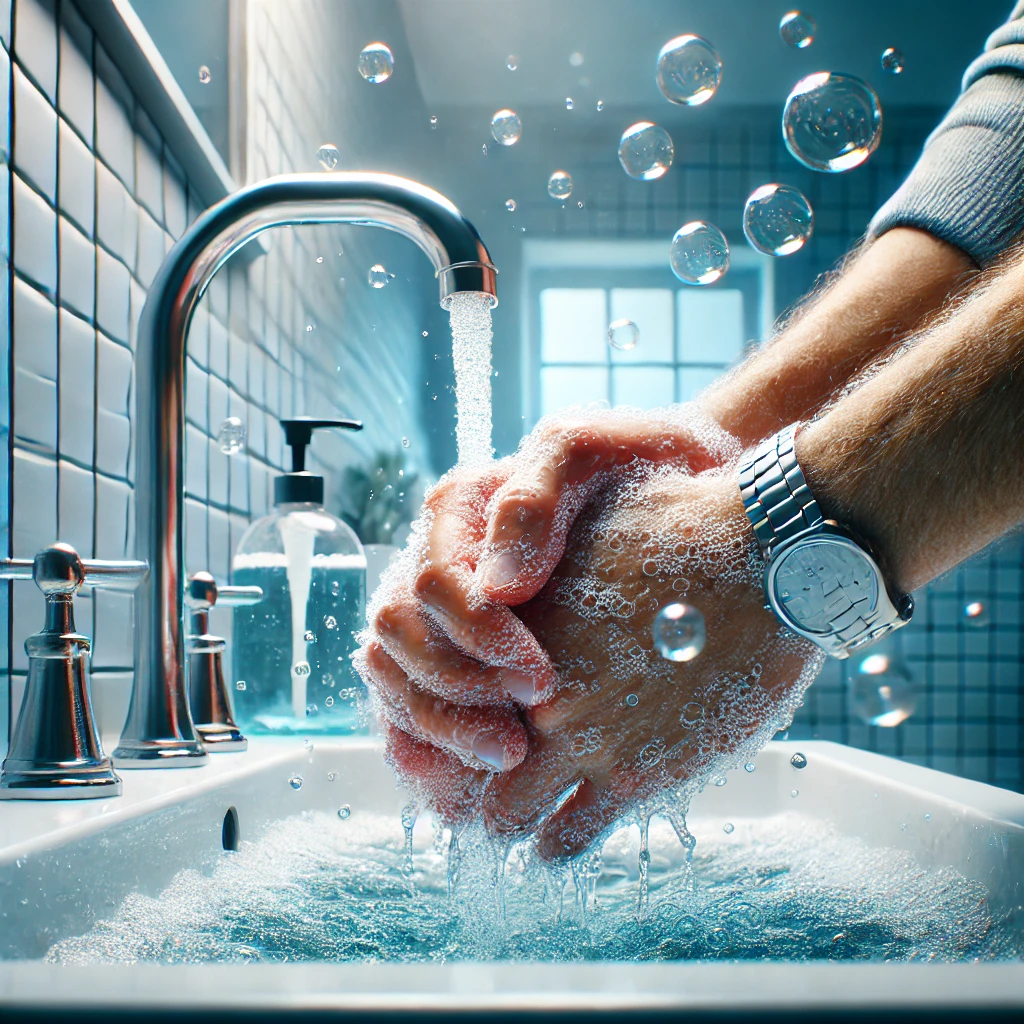 밝은 욕실에서 비누와 물로 손을 철저히 씻는 장면
