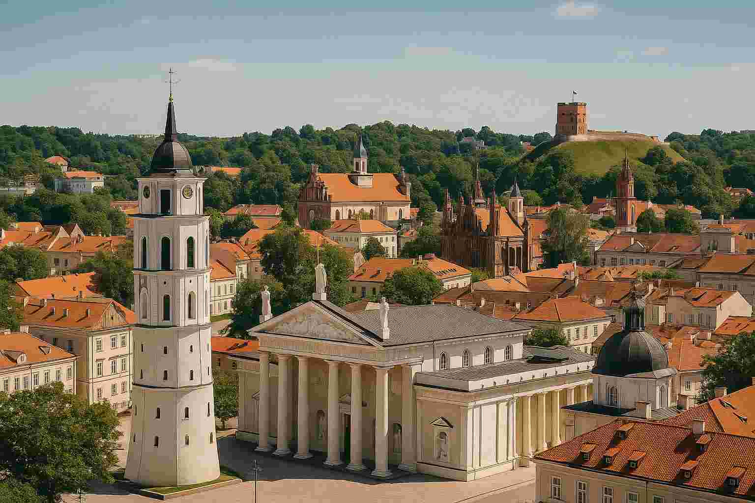 리투아니아 빌뉴스 구시가지의 파노라마 전경, 붉은 지붕과 고풍스러운 교회가 어우러진 유럽 중세 도시의 풍경
