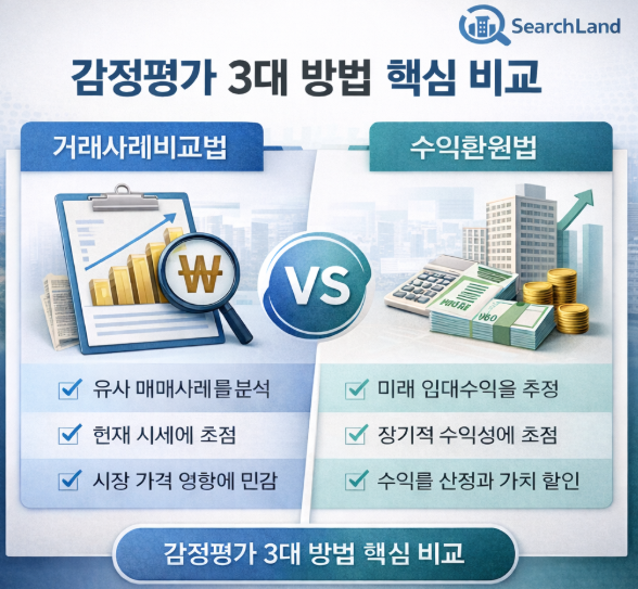 거래사례비교법과 수익환원법을 비교 설명하는 도식