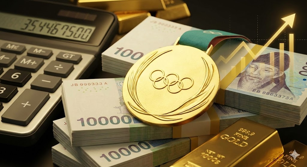 올림픽 금메달과 금괴, 지폐가 놓인 경제적 가치 강조 썸네일