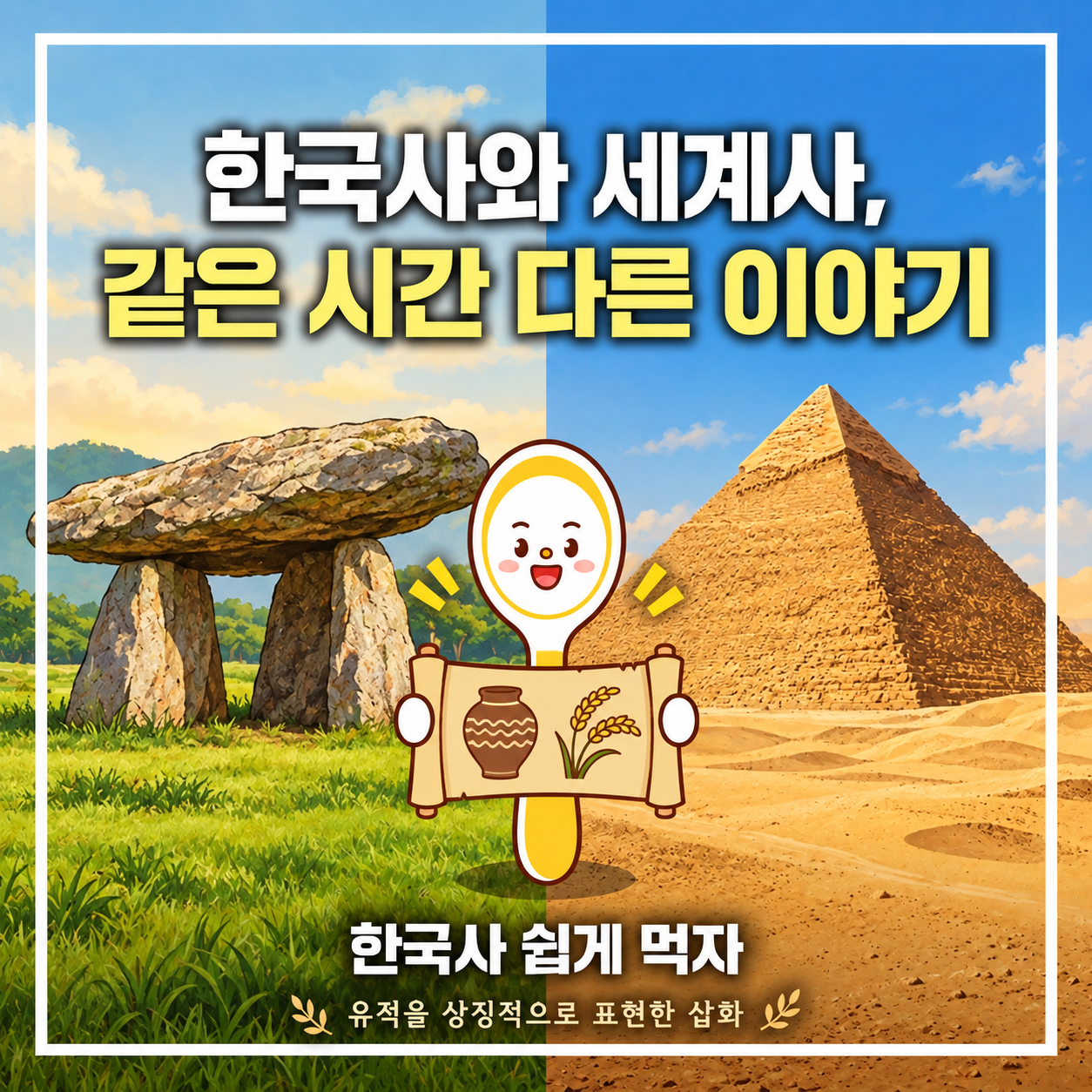 한국사와 세계사를 비교하는 고인돌과 피라미드의 상징 삽화