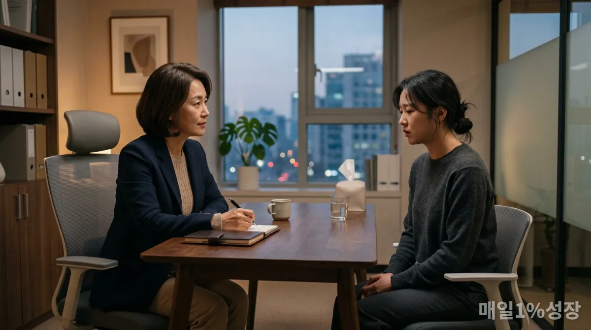 한국의 인사 담당자가 직장 내 괴롭힘 피해 직원과 상담하며 보호 조치를 논의하는 모습.