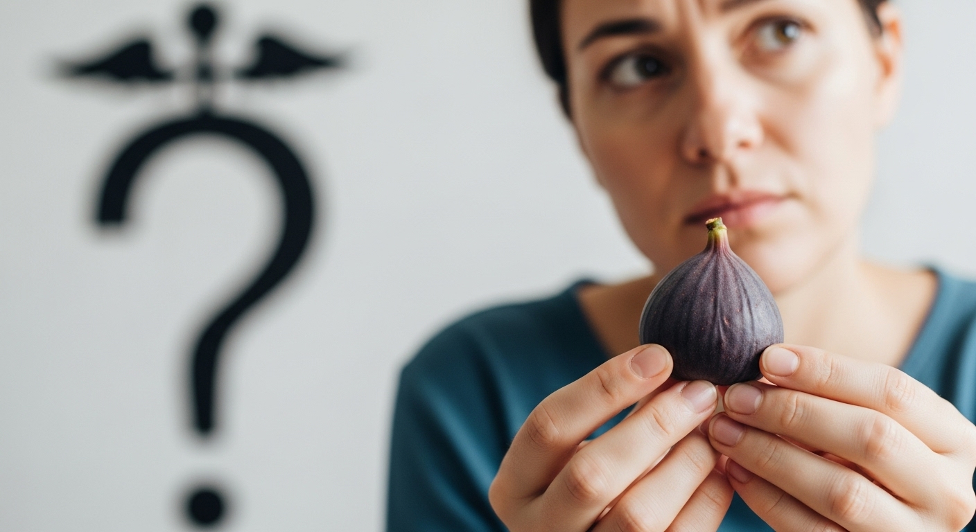 무화과를 들고 사려 깊거나 약간 걱정스러운 표정을 짓는 사람의 모습. 잠재적인 알레르기나 부작용에 대한 주의를 시사합니다.