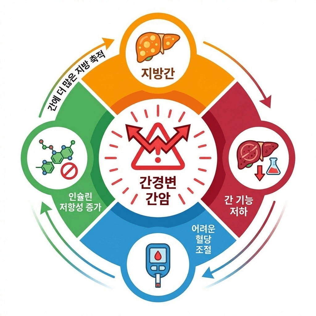 지방간과 당뇨의 악순환 순환 다이어그램