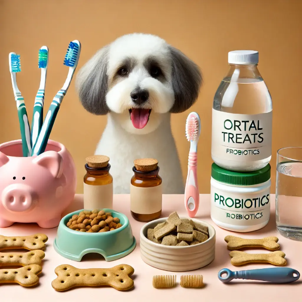 반려견 구강 건강과 소화 건강을 위한 칫솔, 덴탈 트릿, 프로바이오틱스, 물그릇이 깔끔하게 놓인 스튜디오 컷