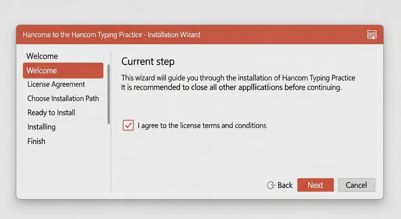 한컴 타자 연습 설치 마법사 대화 상자, 다음 단계로 넘어가는 과정을 보여주는 화면