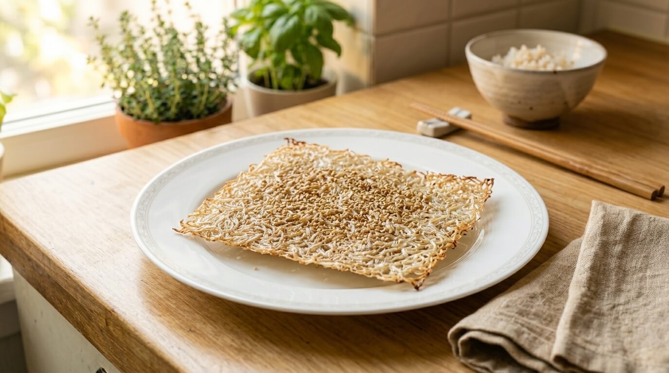 따뜻한 주방 테이블 위, 하얀 세라믹 접시에 노릇노릇하고 바삭하게 구워 올려둔 뱅어포 한 장.