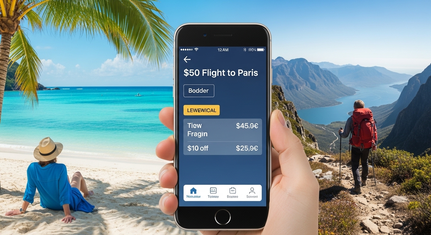 스마트폰으로 저렴한 항공권 예약 앱을 확인하며 현명한 여행 계획을 세우는 여행자의 모습.