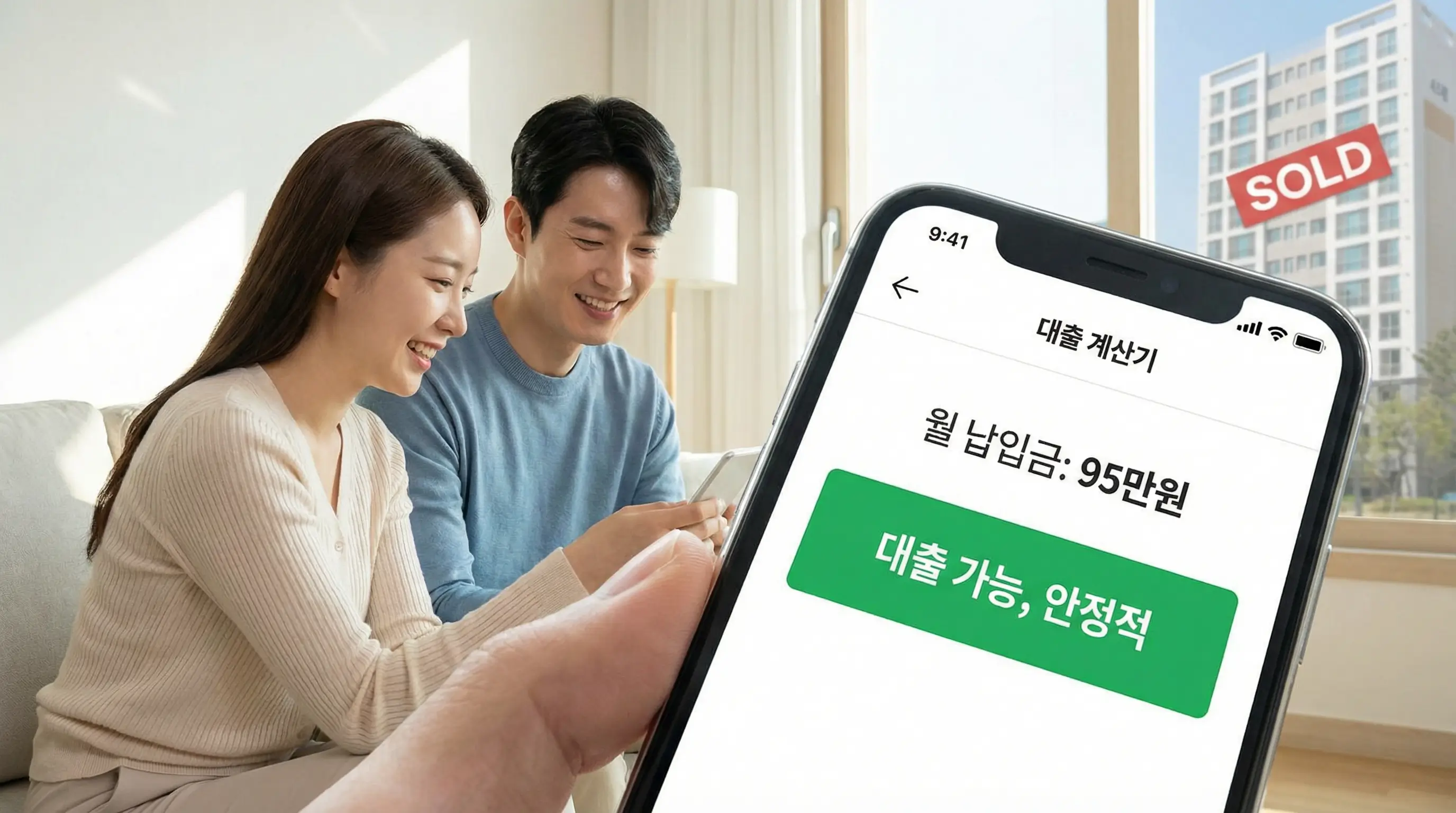 스마트폰 대출 계산기 앱을 통해 월 납입금을 시뮬레이션하고 안도하는 예비 주택 소유자의 모습