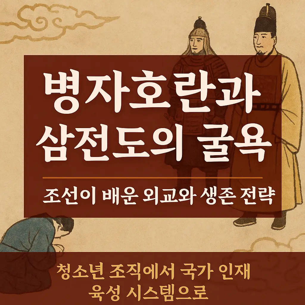 병자호란과 삼전도의 굴욕을 주제로 한 썸네일 &ndash; 인조가 무릎 꿇은 장면과 청군 인물 묘사