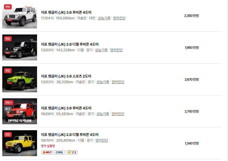 지프 랭글러 중고차 가격 시세표 유지비
