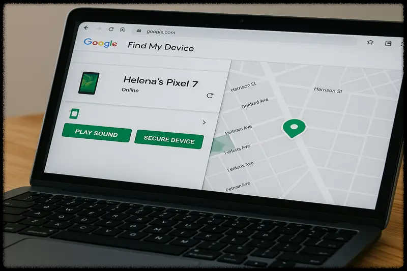 노트북 화면에 표시된 'Find My Device' 웹사이트 인터페이스