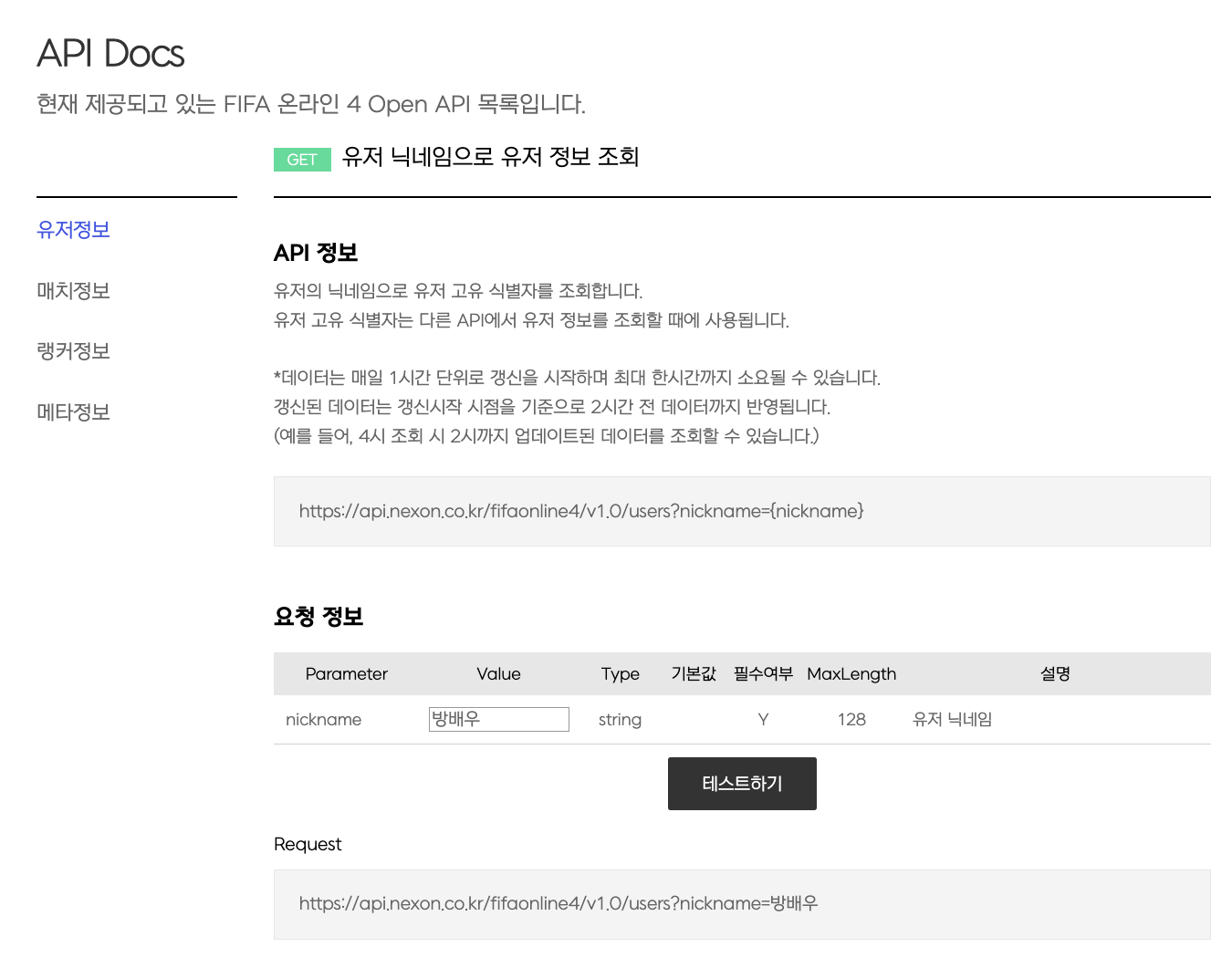 넥슨 Open API Docs 요청 및 응답 정보 화면