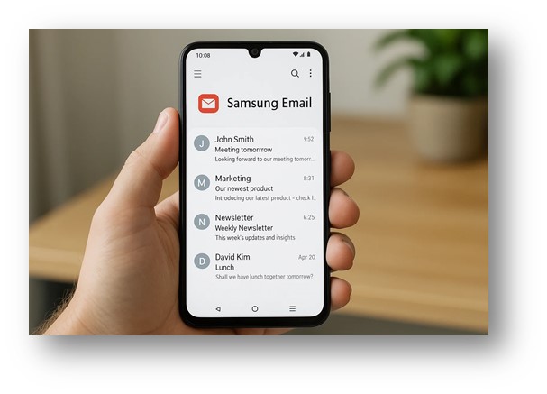 스마트 폰에서 삼성 이메일을 열어서 새로 들어 온 이메일을 확인하는 모습