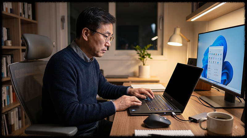 전원은 켜졌지만 화면이 검게 나오는 Windows 11 노트북을 점검하는 모습