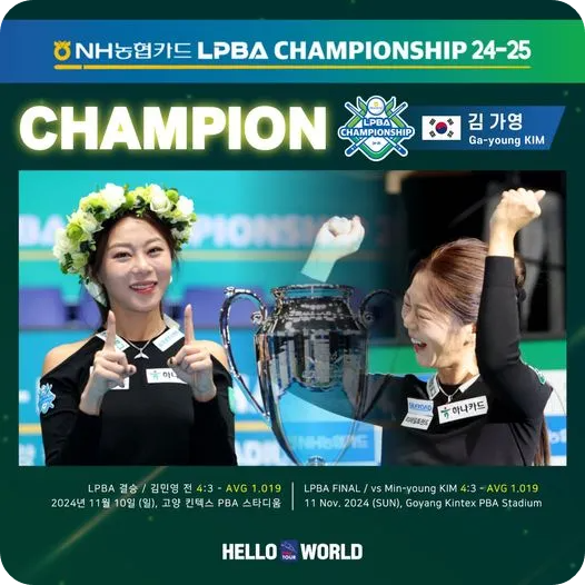 당구 여제 김가영 NH농협카드 LPBA 챔피언십 24-25 우승 누적 상금 순위 준우승 김민영 경기 결과 24연승 4연속 스롱 피아비 톱랭킹