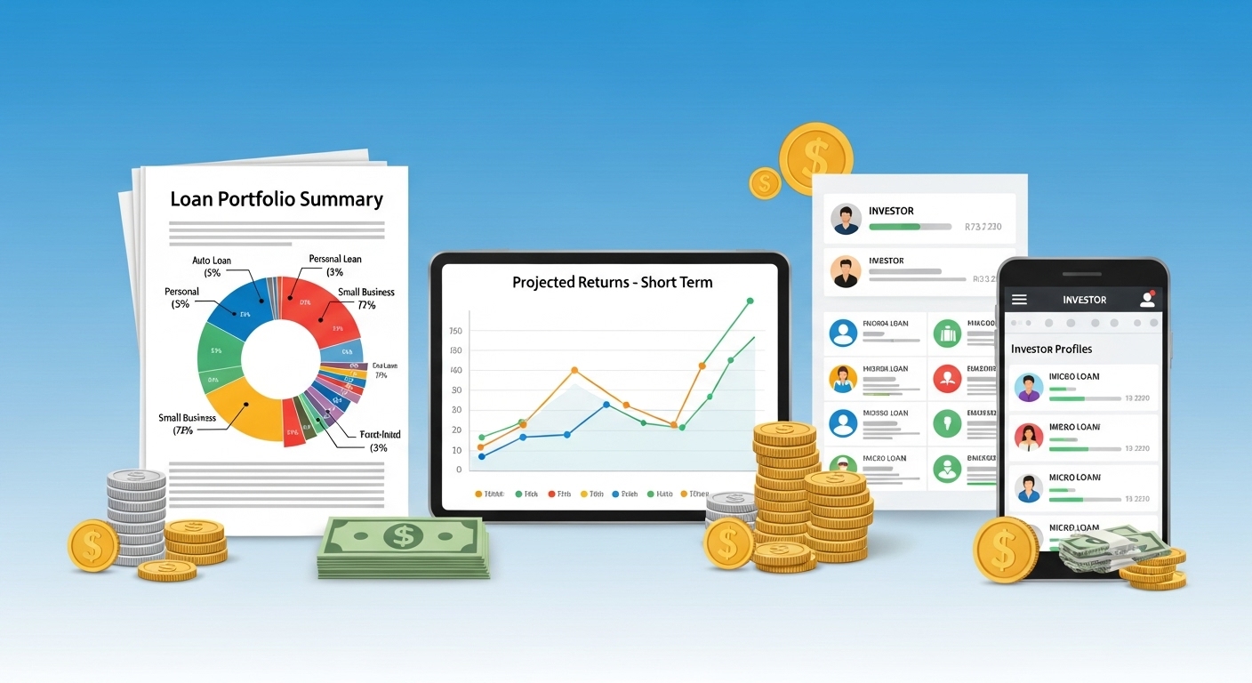 P2P 투자의 다양한 대출 상품과 분산 투자를 상징하는 금융 관련 아이콘 및 그래프 이미지