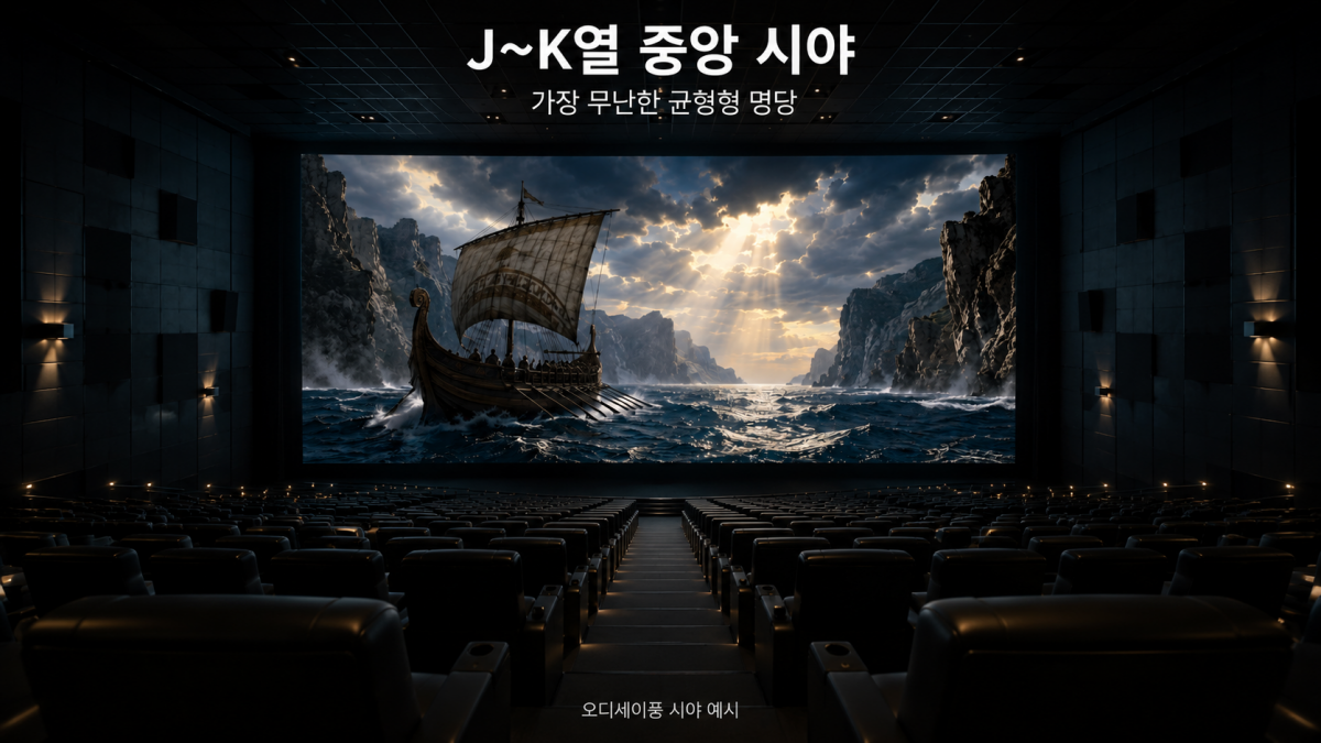 용산 아이맥스 J에서 K열 중앙 좌석 오디세이 균형형 명당 시야 예시
