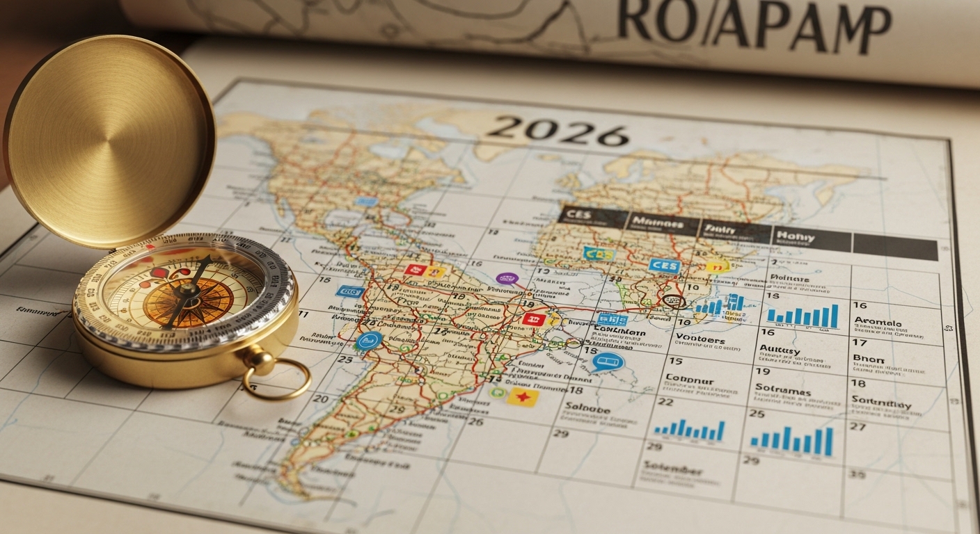 Roadmap map and compass with key events (CES, earnings releases, etc.) marked on a 2026 calendar.