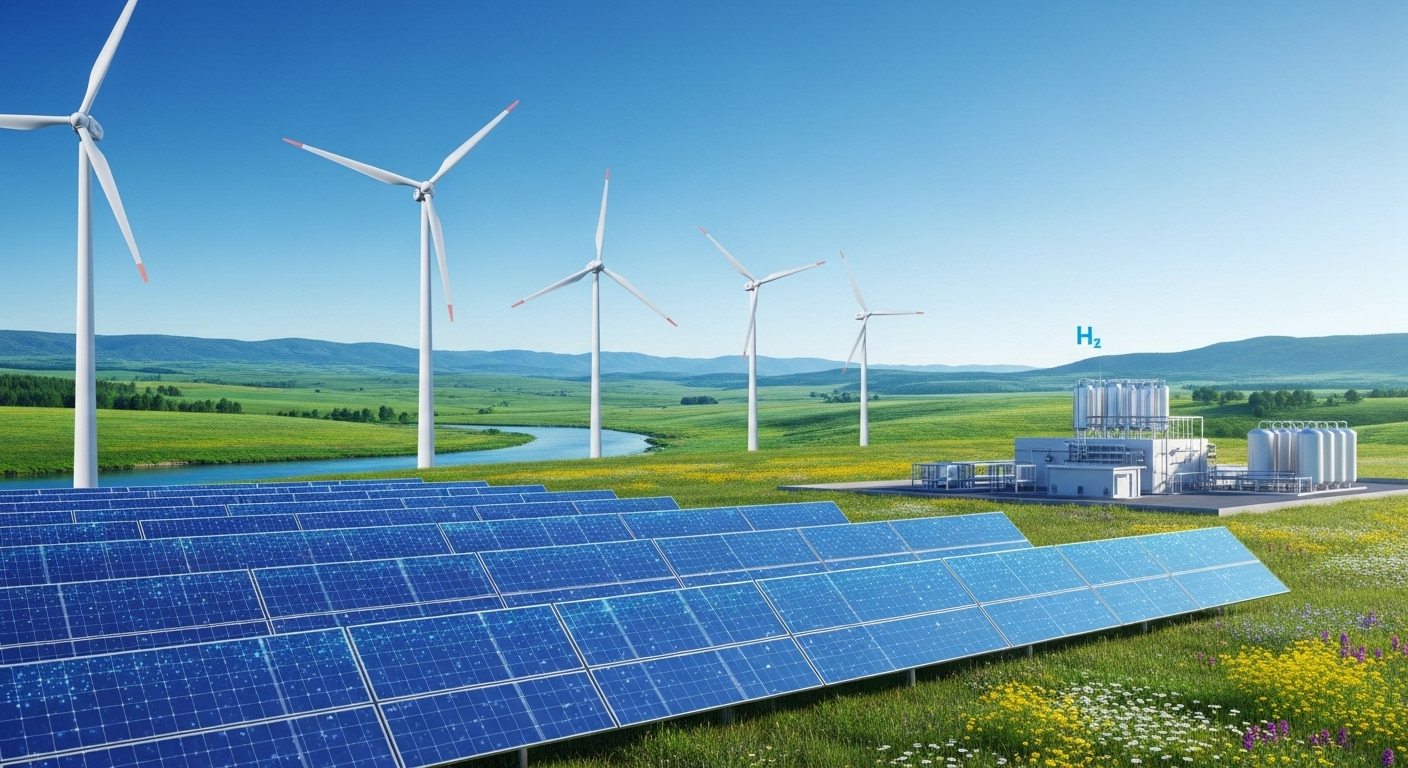 태양광 패널, 풍력 터빈, 수소 생산 시설이 조화롭게 어우러진 친환경 에너지 미래.