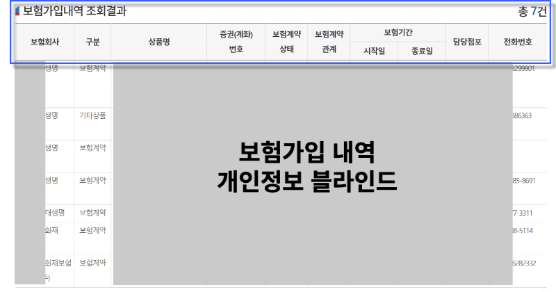 보험내역 조회결과화면