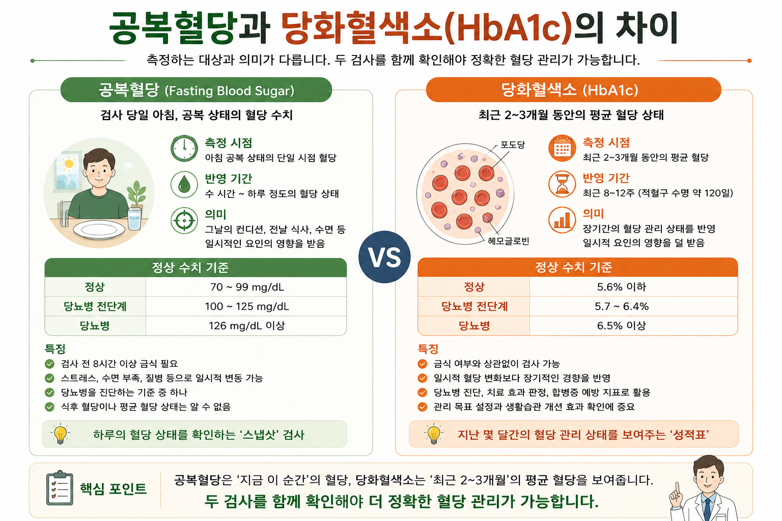 공복혈당의 순간 측정과 당화혈색소의 최근 2~3개월 평균을 비교한 그림