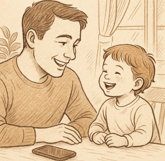 스마트폰을 내려놓고 아이와 눈을 맞추며 웃는 부모의 모습