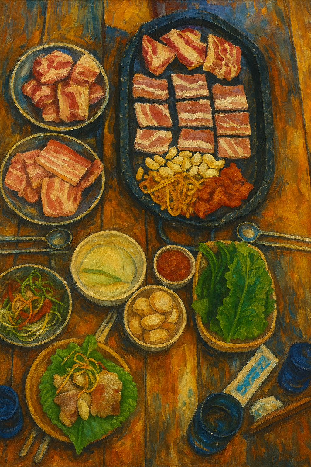 우겹살과 대패삼겹을 쌈에 올리기 직전의 한 컷