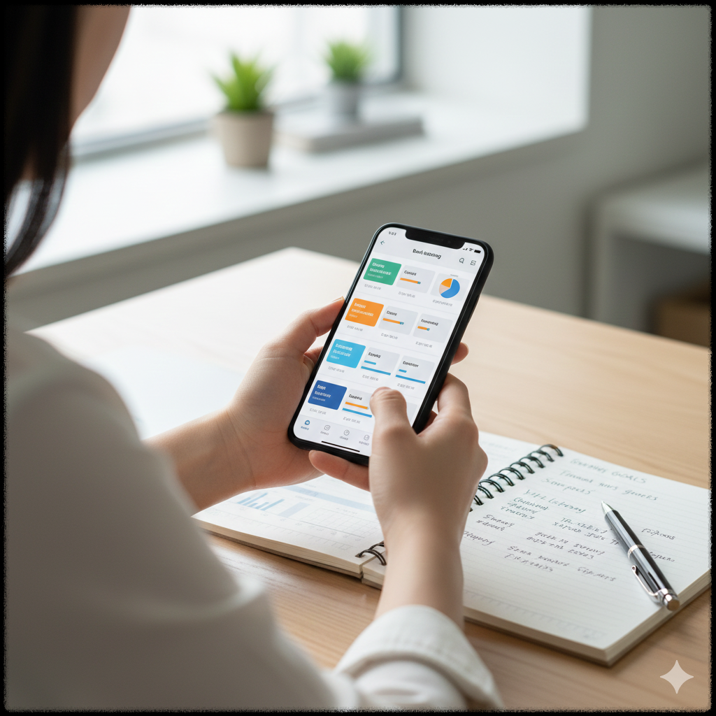 스마트폰 뱅킹 앱으로 예산 관리를 하는 사회 초년생
