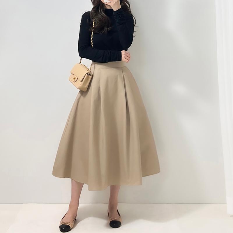 햅번 핀턱 플레어 풀 스커트 기모 프라다원단 가을 겨울 하객 A라인 밴딩 롱 치마 스커트