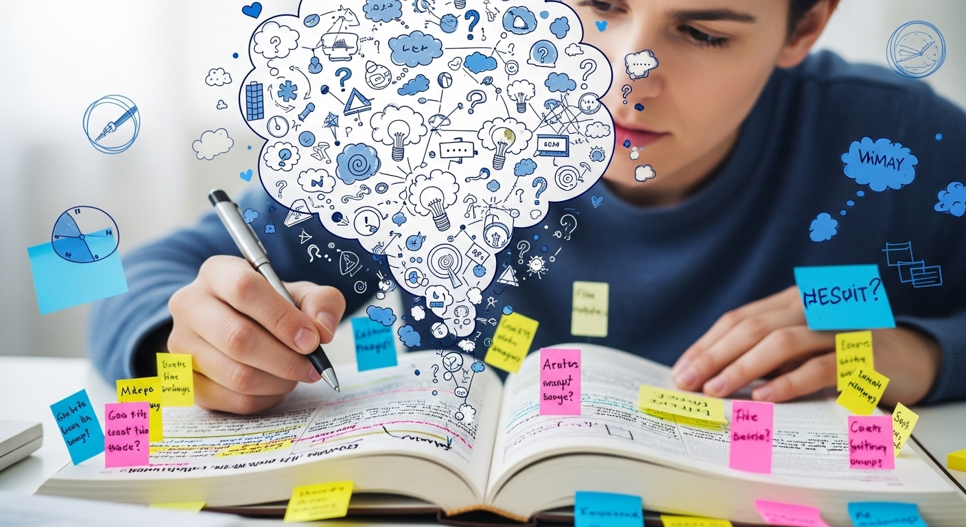 책에 메모하고 밑줄을 그으며 능동적으로 독서하는 모습. 지식을 깊이 이해하려는 학습자의 적극적인 자세를 보여줍니다.