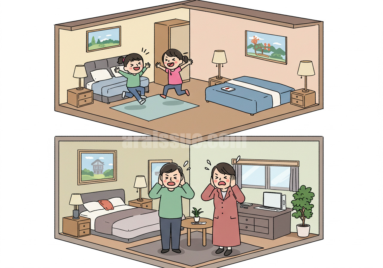 아이들이 윗집에서 뛰어다니며 소음을 유발하고, 아랫집 중년 부부가 층간소음에 귀를 막고 불쾌한 반응을 보이는 장면