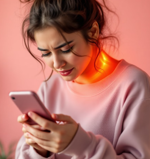 스마트폰 사용으로 거북목 증후군이 생긴 여자