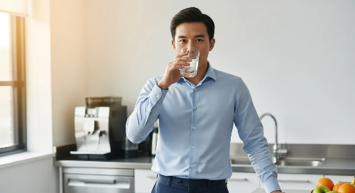 부엌에서 출근 전 셔츠를 입은 상태에서 유리잔에 물을 한잔 마시고 있는 모습