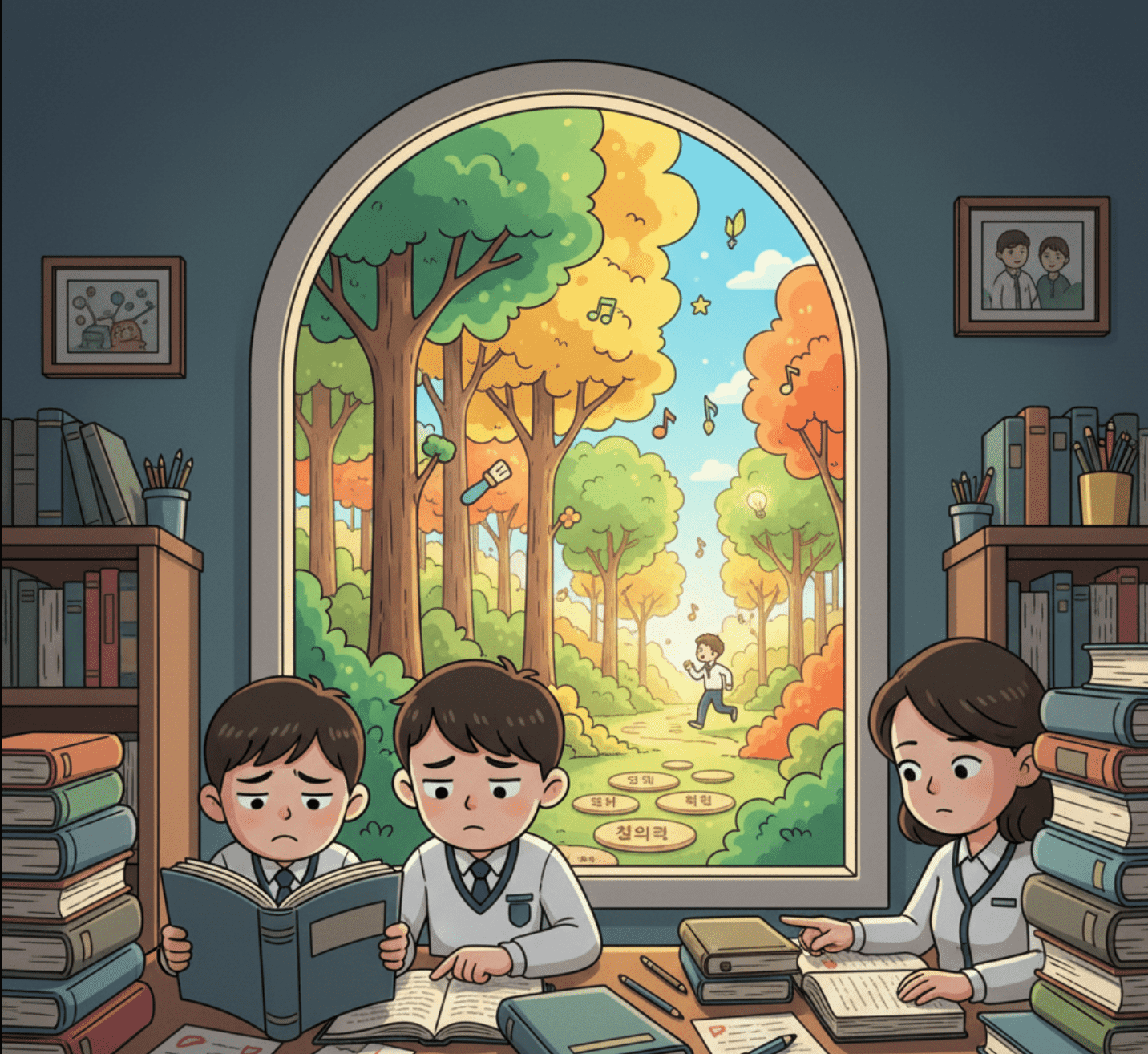 교과서에 둘러싸여 고민하는 부모와 아이, 창밖으로 보이는 희망찬 미래 교육의 숲
