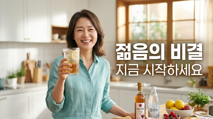 중년 여성이 주방에서 와인식초와 탄산수를 섞은 잔을 들고 환하게 웃고있음. 텍스트는 젊은의 비결 지금 시작하세요 라고 적혀있음.